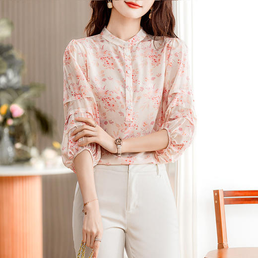 TC 60332真丝碎花衬衫时尚洋气宽松显瘦小衫七分袖上衣 商品图2