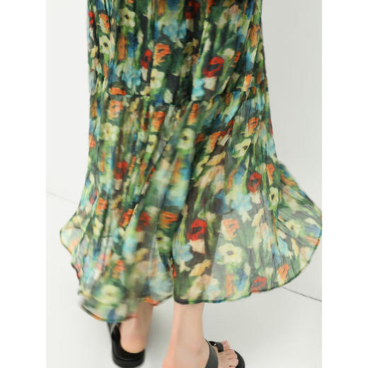 COCOBELLA油画风压褶印花雪纺半身裙度假风飘逸大摆长裙HS533 商品图2