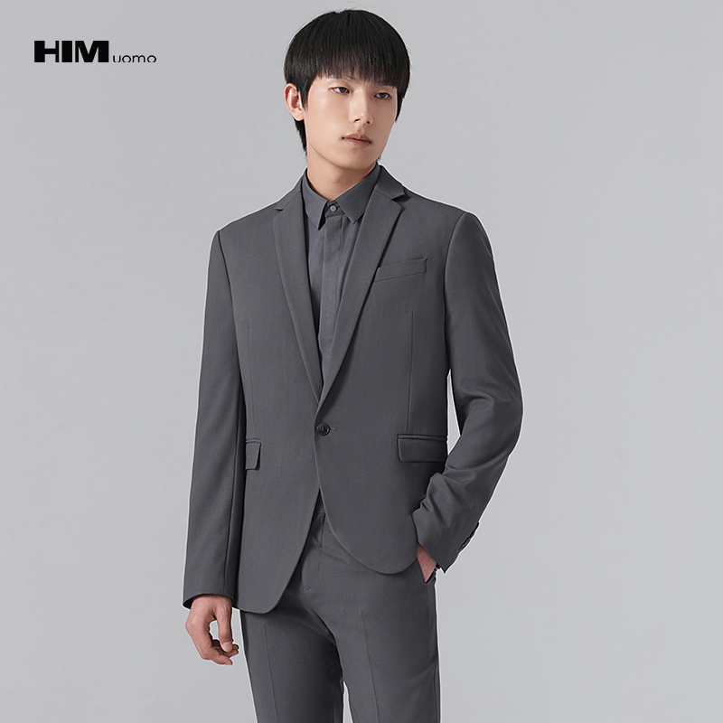 HIM漢崇  套装西装 男士通勤商务职业正装简约舒适深灰色修身西服