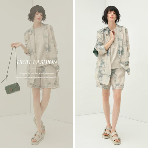 COCOBELLA国风写意印花西装短裤女夏通勤薄款莱赛尔短裤SO18 商品图1