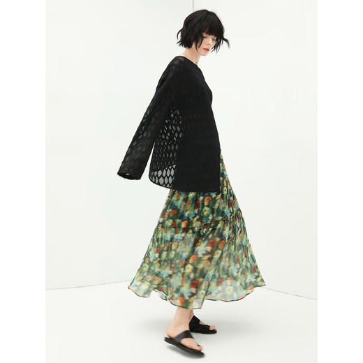 COCOBELLA油画风压褶印花雪纺半身裙度假风飘逸大摆长裙HS533 商品图1