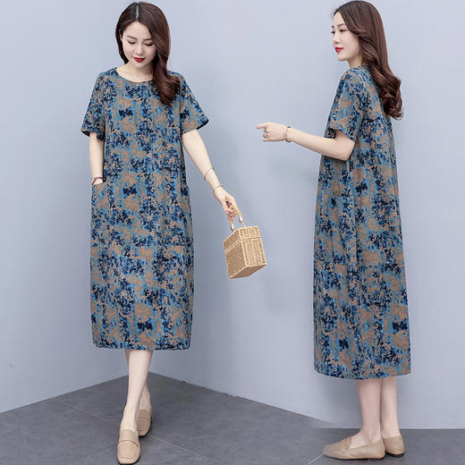 HR WX8808-79大码宽松遮肉显瘦简约时尚休闲印花连衣裙 商品图1
