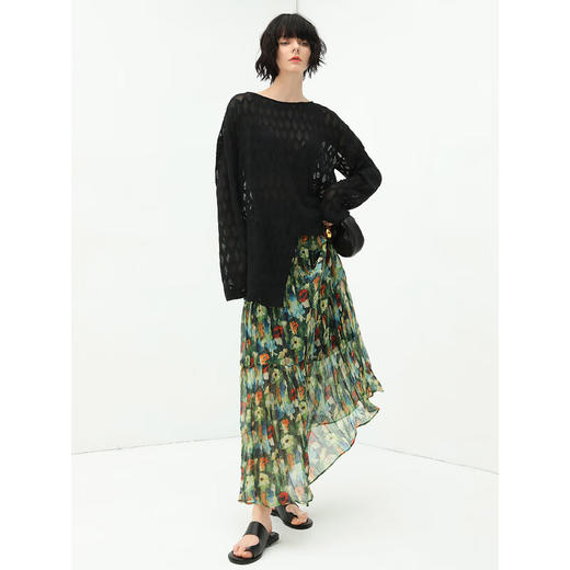 COCOBELLA油画风压褶印花雪纺半身裙度假风飘逸大摆长裙HS533 商品图3