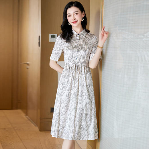 ASE 2307真丝连衣裙桑蚕丝妈妈气质碎花衬衫裙 商品图1