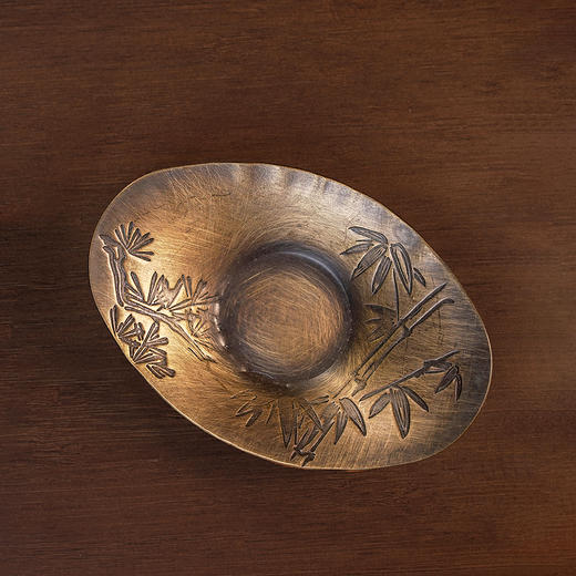 松竹元宝铜杯托5入/黄亚  手工复古铜杯垫元宝形茶托杯托功夫茶垫隔热防烫盏托禅意茶配 商品图0