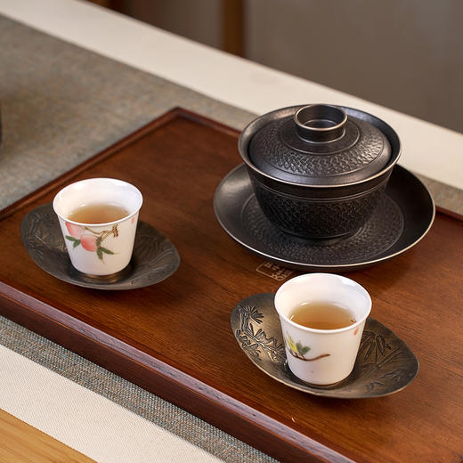 松竹元宝铜杯托5入/黄亚  手工复古铜杯垫元宝形茶托杯托功夫茶垫隔热防烫盏托禅意茶配 商品图2