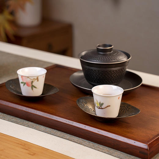 松竹元宝铜杯托5入/黄亚  手工复古铜杯垫元宝形茶托杯托功夫茶垫隔热防烫盏托禅意茶配 商品图3