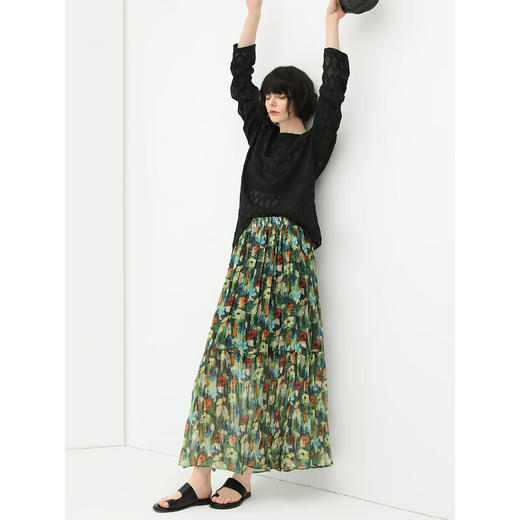 COCOBELLA油画风压褶印花雪纺半身裙度假风飘逸大摆长裙HS533 商品图4