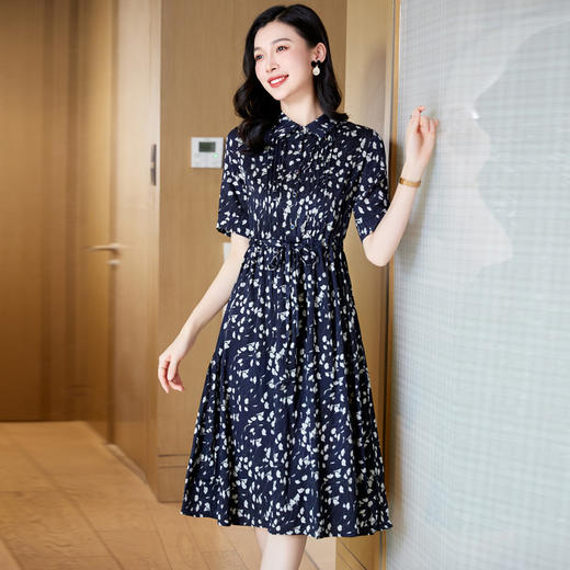 ASE 2307真丝连衣裙桑蚕丝妈妈气质碎花衬衫裙 商品图0