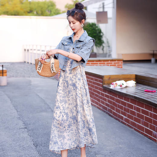牛仔外套短袖两件套，显瘦碎花吊带连衣裙套装HR-YJLY667 商品图5