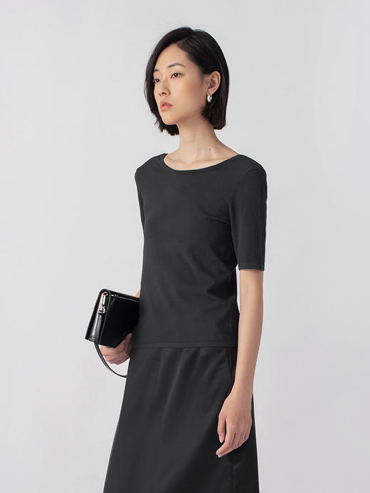 322工房挖剪露肤人造丝露背T恤2023春夏款显瘦针织打底套头衫B033 商品图3