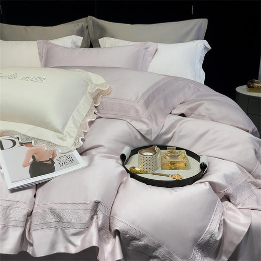 自然醒天丝棉镂空花边夏季天丝四件套凉感冰丝白色镂空宽边欧式轻奢床上用品礼盒装KY 商品图5