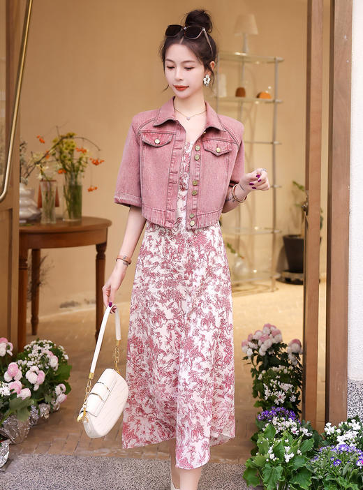 牛仔外套短袖两件套，显瘦碎花吊带连衣裙套装HR-YJLY667 商品图6