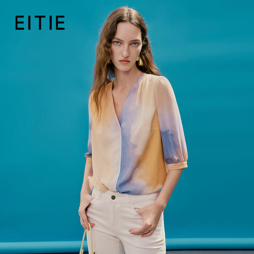 EITIE爱特爱夏季新款时尚个性扎染撞色印花衬衫上衣女7413121 商品图0