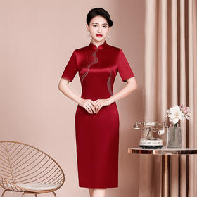 WX-2299008喜婆婆婚宴装显瘦旗袍醋酸缎新款婚礼礼服中长款女连衣裙