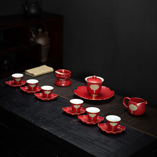 莲生吉祥宫墙红盖碗侧把壶功夫茶具套组复古家用礼盒装商务礼品 商品图0