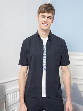 callisto藏青聚酯纤维苏格兰格纹短袖衬衫 SQCSS025Y