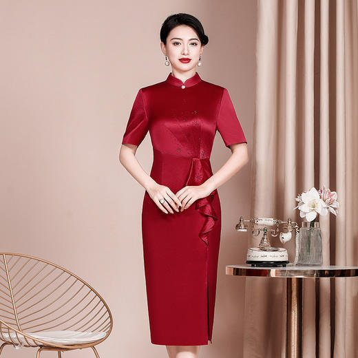 WX喜婆婆婚宴装显瘦旗袍醋酸缎新款婚礼礼服修身洋气连衣裙 商品图0