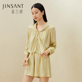 金三塔100%桑蚕丝时尚舒适凉感女真丝睡衣素色长袖短裤衣裤套家居服  YSFDB204