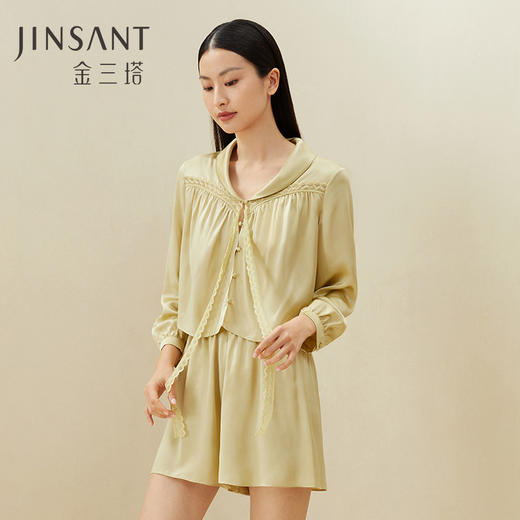 金三塔100%桑蚕丝时尚舒适凉感女真丝睡衣素色长袖短裤衣裤套家居服  YSFDB204 商品图0
