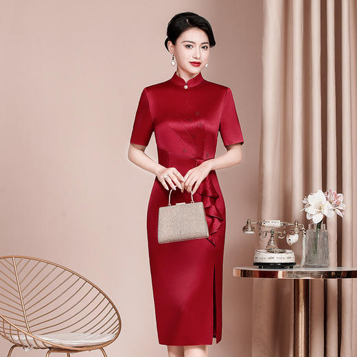 WX喜婆婆婚宴装显瘦旗袍醋酸缎新款婚礼礼服修身洋气连衣裙 商品图3