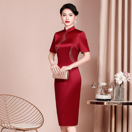 WX-2299008喜婆婆婚宴装显瘦旗袍醋酸缎新款婚礼礼服中长款女连衣裙 商品图3