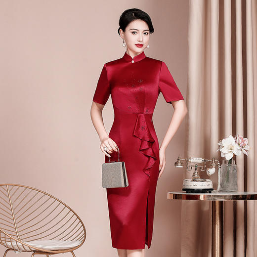 WX喜婆婆婚宴装显瘦旗袍醋酸缎新款婚礼礼服修身洋气连衣裙 商品图2