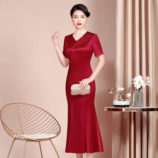 WX-2299162喜婆婆婚宴装显瘦旗袍醋酸缎新款婚礼礼服修身长款连衣裙 商品图1