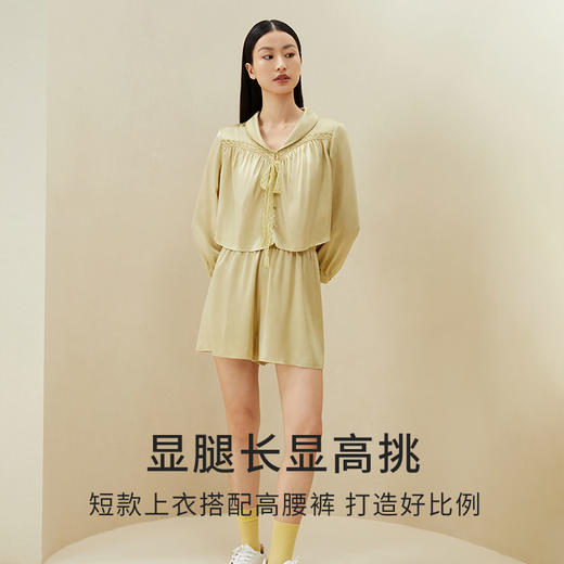 金三塔100%桑蚕丝时尚舒适凉感女真丝睡衣素色长袖短裤衣裤套家居服  YSFDB204 商品图2