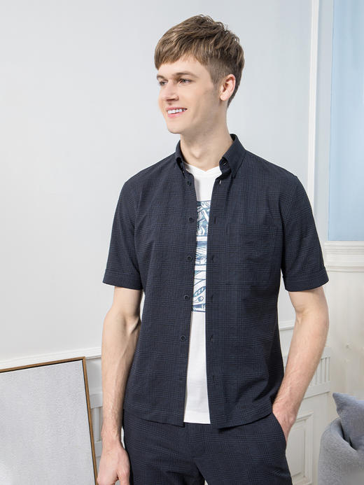 callisto藏青聚酯纤维苏格兰格纹短袖衬衫 SQCSS025Y 商品图1