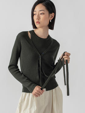 322工房再造经典丝羊绒针织系带开衫2023春夏款长袖修身外套B032