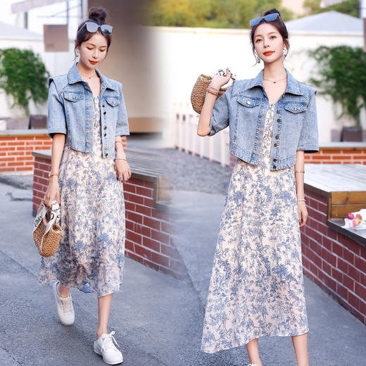 牛仔外套短袖两件套，显瘦碎花吊带连衣裙套装HR-YJLY667 商品图3