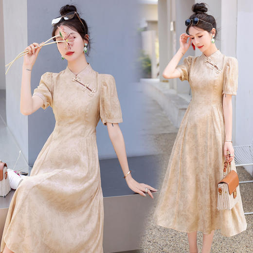 复古仙气泡泡袖，淑女时尚潮流天丝棉连衣裙HR-LMJY6611 商品图1