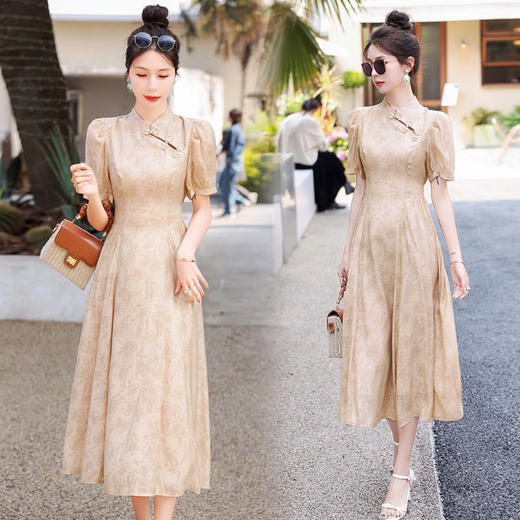 复古仙气泡泡袖，淑女时尚潮流天丝棉连衣裙HR-LMJY6611 商品图3