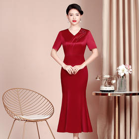 WX-2299162喜婆婆婚宴装显瘦旗袍醋酸缎新款婚礼礼服修身长款连衣裙