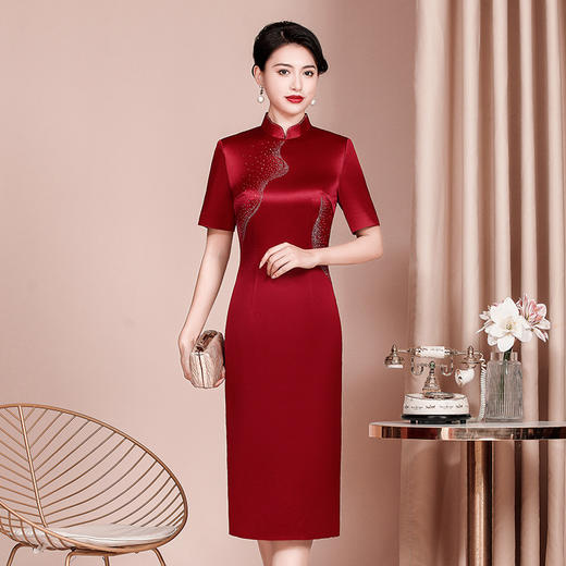 WX-2299008喜婆婆婚宴装显瘦旗袍醋酸缎新款婚礼礼服中长款女连衣裙 商品图1