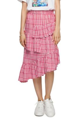 SUMMER & SAGE 红色格纹不规则蛋糕裙 6840