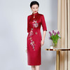 MLY醋酸缎改良妈妈岳母婚宴立领旗袍礼服过膝显瘦气质喜婆婆红色礼服 商品缩略图2