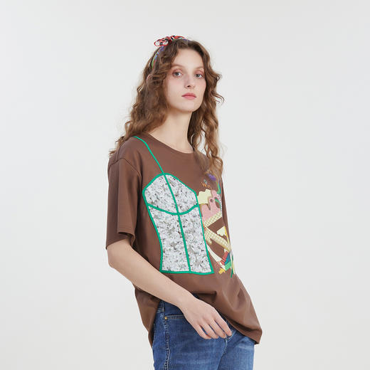 谜底圆领宽松印花T恤女2023夏季新款特色绣花短袖纯棉232MT0600 商品图3