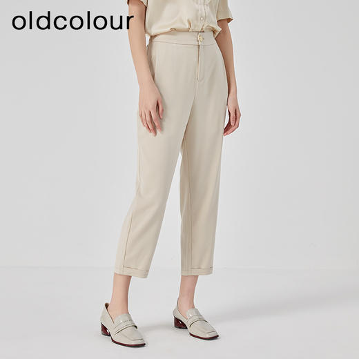 oldcolour2023夏季新款杏色休闲简约高腰直筒七分裤女GO21073743 商品图0
