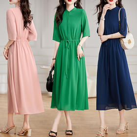 夏季新款，纯色雪纺单排多扣抽绳收腰连衣裙HR-GJC2333-1