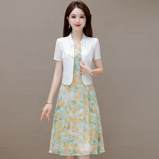 夏款时尚，印花简约中长款内搭连衣裙国风时髦短袖开衫两件套QYM-XYKL-J49-L 商品图1