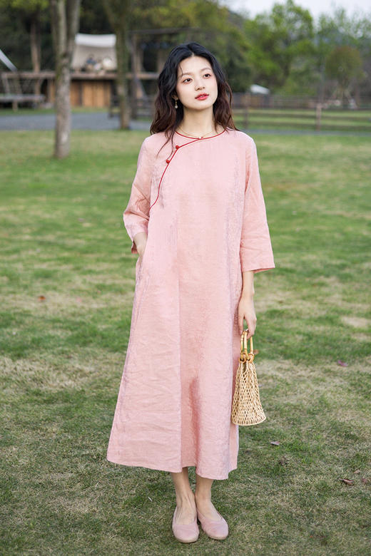 * 绽放295朵/亚麻提花新中式旗袍领七分袖连衣裙 商品图5