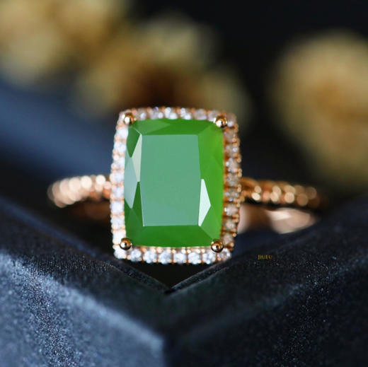 18K玫瑰金和田玉（碧玉）满钻方戒/切割方牌7*9mm/苹果绿 商品图0