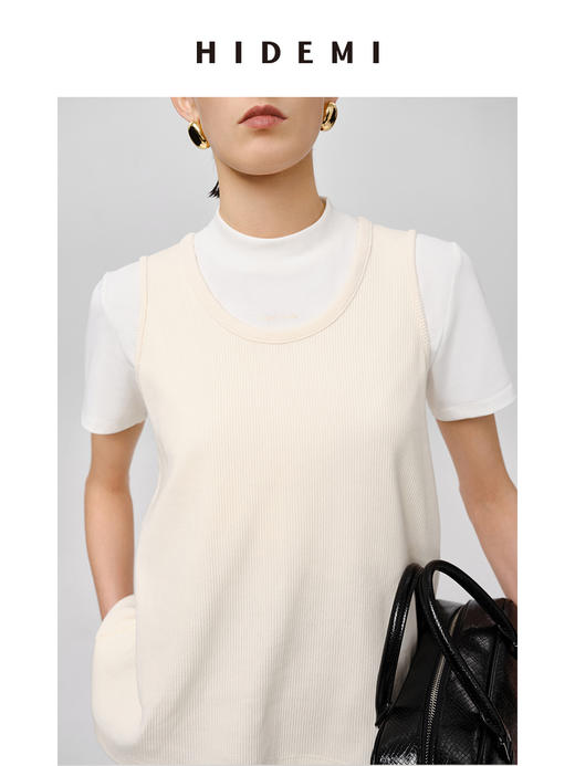 HIDEMI 自然棉系列高密竖条针织U型领背心 米白色/蓝灰色 商品图0