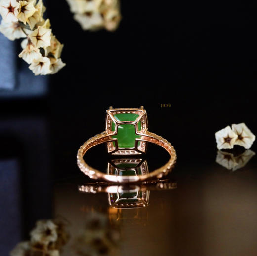 18K玫瑰金和田玉（碧玉）满钻方戒/切割方牌7*9mm/苹果绿 商品图5