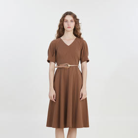 谜底V领简约长款连衣裙短袖2023夏季新款纯色修身配腰带232ML0540