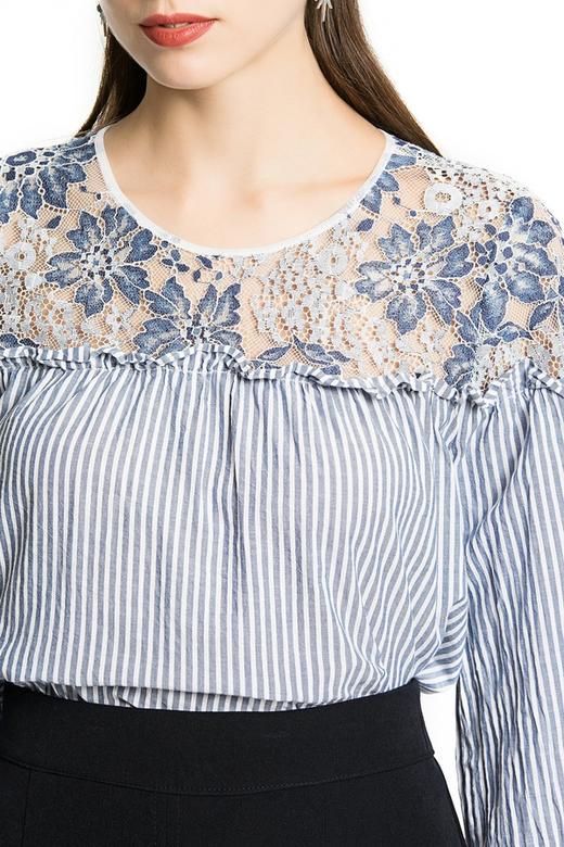 BCBGMaxazria 蓝色条纹蕾丝拼接上衣 2056 商品图4