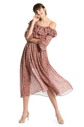 ROSEHOO 印花荷叶边饰一字肩雪纺连衣裙 2094