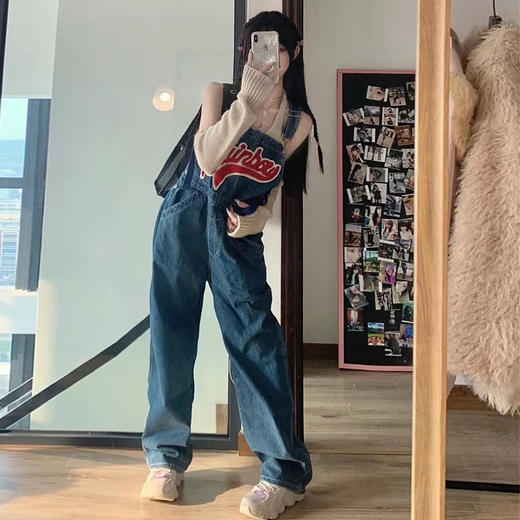 【宽松舒适 遮肉显瘦】潮牌刺绣牛仔背带裤女 春秋季百搭宽松阔腿 显瘦高腰小个子连体长裤 时尚潮流牛仔裤 商品图0